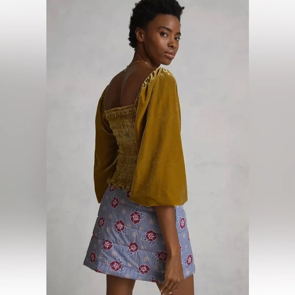 Anthropologie | Gold Yellow Puff Long Sleeved‎ Smocked Velvet Blouse size S